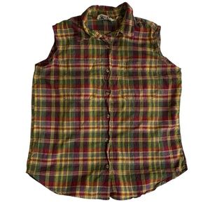 Sleeveless Multicolored Plaid Sleeveless Button-Up Size Large